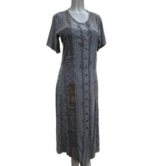 Lola P Boho Midi Dress Women's Small Gray Button Front Embroidered Bric a Brac - Picture 2 of 10